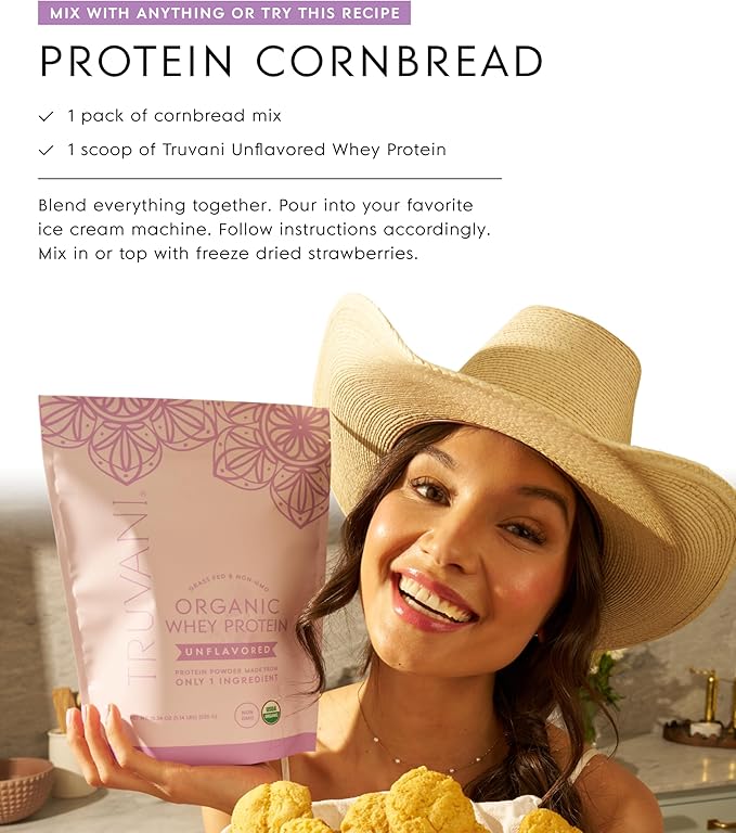 Truvani Organic Whey Protein Powder | Unflavored | 20g Grass Fed Whey Protein | 20 Servings | USDA Organic &amp Non-GMO | Gluten Free | No Gums No Soy No Stevia No Added Sugars