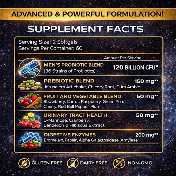 Mens Probiotic 120 Billion CFU 36 Strains + Prebiotics &amp Digestive Enzymes Digestive Gut &amp Immune Support 60 Day Supply 120 Capsules