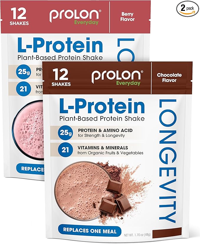 Prolon Longevity Plant Based Protein Powder | Muscle Synthesis &amp Repair Healthy Aging Boost Performance | Vitamins Gluten Free Amino Acids | 25g of Protein | Chocolate and Berry 24 Packets