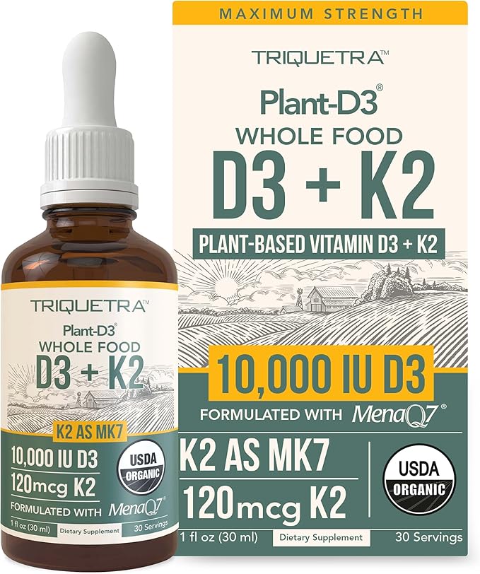 Organic Plant D3 K2 vitamin 10000 iu - All-Trans MK7 from MenaQ7 (120 mcg K2) - 100% Organic &amp Plant-Based Sublingual D3 Drops 10000 iu (Cholecalciferol) 100% Vegan - Supports Immunity Bone Br