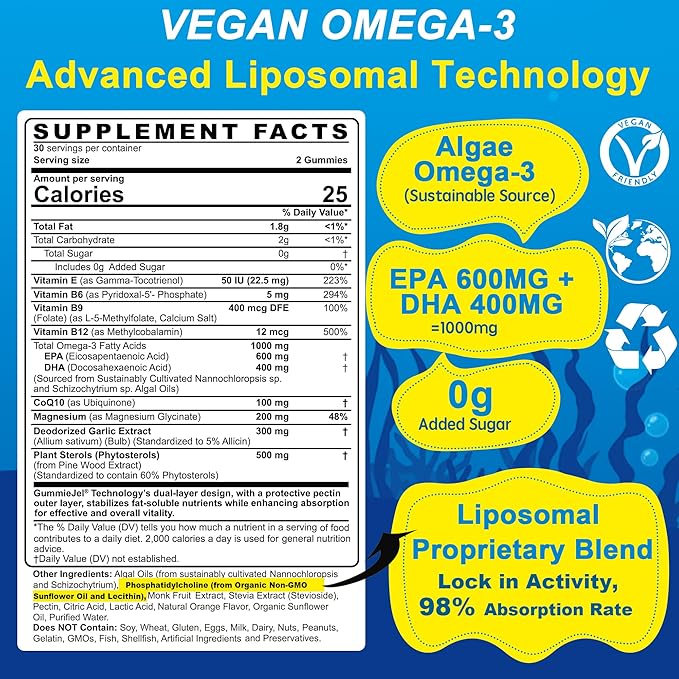 Vegan Omega-3 Gummies 1000mg +CoQ10+Magnesium- EPA 600mg DHA 400mg Fish Oil Omega 3 Supplements Alternative for Women Men Adults Liposomal Algae Plant Sterols GarlicB6B9 B12 Sugar Free 2Pack