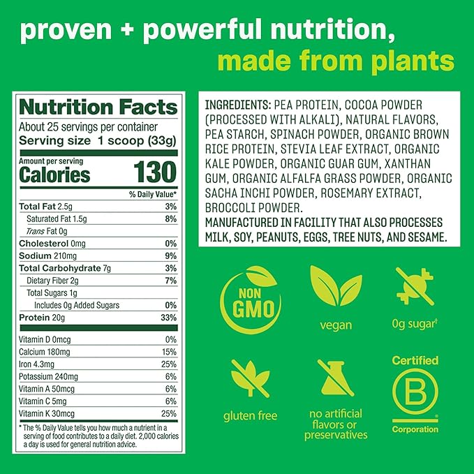 Vega Protein and Greens Protein Powder Chocolate - 20g Plant Based Protein Plus &amp Premium Sport Protein Chocolate Protein Powder Vegan Non GMO Gluten Free Plant Based