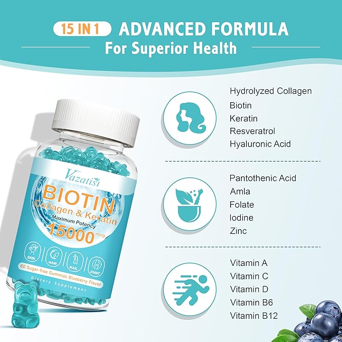 Biotin with Collagen Gummies Hair Skin and Nails Vitamins Gummies for Hair Growth Glowing Skin &amp Strong Nails - Blueberry Flavor Sugar Free 120 Count