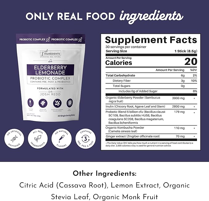 JUST INGREDIENTS Elderberry Lemonade 3-in-1 Probiotic Complex - Prebiotics Probiotics &amp Postbiotics - 30 Sticks