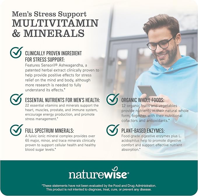 NatureWise Multivitamin for Men + Stress Support + Fulvic Ionic Minerals + Probiotics for Immunity Male Health Digestion + Whole Organic Foods - Vegetarian Non-GMO - 60 Capsules[1-Month Supply]