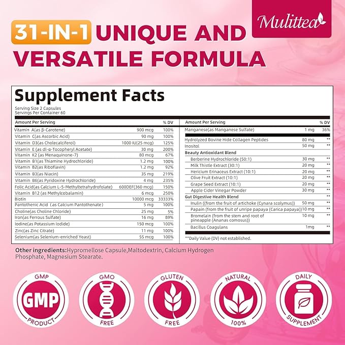 Mulittea Multivitamin for Women - 18+ Daily Women Multivitamin w/Biotin 10000mcg Vitamin A C D E &amp More for Hair Skin and Nails - Methylated B9B12 for Energy &amp Focus -120 CT 2 Pack