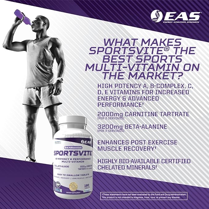 EAS SportsVite High Potency Multivitamin for Athletes | Vitamin &amp Mineral Nutrient Blend | 2300mg Beta Alanine 2000mg Carnitine Tartrate | 180 Tablets