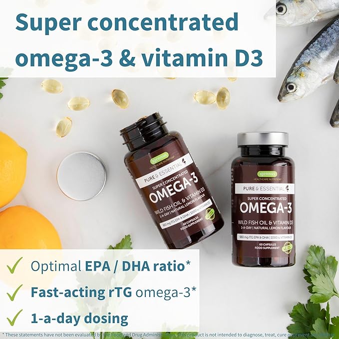 Igennus Advanced rTG Omega-3 IFOS Certified Wild Fish Oil &amp Vitamin D3 1-a-Day Fatty Acids EPA &amp DHA Fast-Acting Triglyceride Form Ultra Pure &amp Non-GMO 180 Softgels