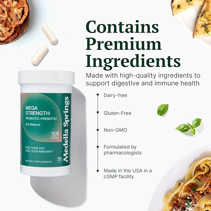 Mega-Strain 50 Billion CFU Probiotics + Prebiotics 30 Caps Probiotics for Women &amp Men - Maintain Good Flora Probiotic &amp Digestive Health - No Refrigeration Required Probiotics Lactobacillus Rh