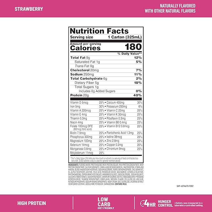 SlimFast Protein Shake Strawberry- 20g Protein Meal Replacement Shake Ready to Drink High Protein with Low Carb and Low Sugar 24 Vitamins and Minerals 12 Count (Pack of 1) (Packaging May Vary)