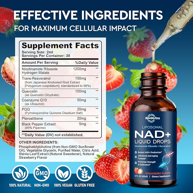 Liposomal NAD+ Liquid Supplement Nad Resveratrol Supplement for Women &amp Men Nicotinamide Riboside with PQQ CoQ10 Quercetin for Anti-Aging Brain Cellular Energy Health Strawberry Flavor 2 F