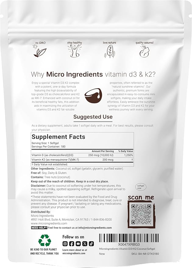 Micro Ingredients Vitamin D3 10000 IU + K2 MK-7 200 mcg 180 Softgels with Virgin Coconut Oil | 2-in-1 Vitamins D &amp K Complex | Extra Strength Easy to Swallow Non-GMO Gluten Free