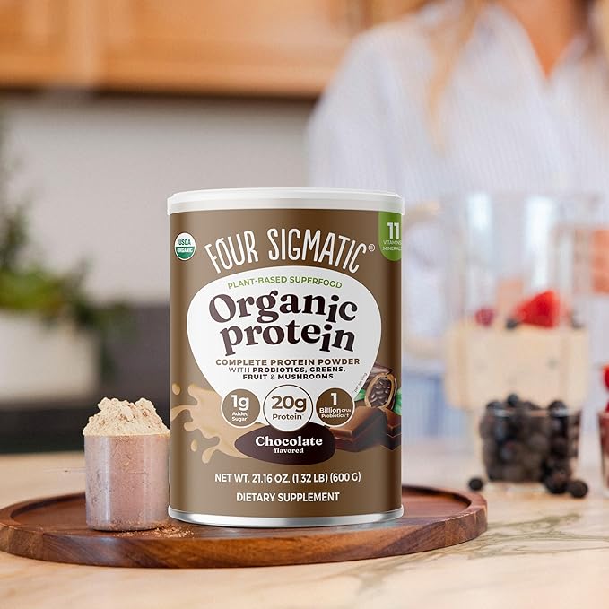 Four Sigmatic Organic Plant-Based Protein Powder | Clean Vegan Protein Elevated with Lion’s Mane Chaga Cordyceps and More for Brain Function and Immune Support | Creamy Cacao 21.16 oz