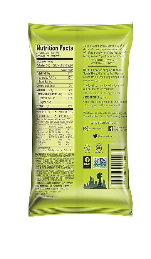Tahoe Trail Bar Plant-Based Natural Energy Bar (2.3 Ounce Protein Bar 12 Count) High Protein Non-GMO Gluten-Free Vegan Healthy Snacks - Dark Chocolate Cherry