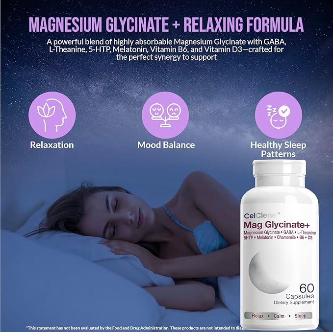 Magnesium Glycinate+ Supports Stress Relief Sleep Heart Health Nerves Muscles and Metabolism with Magnesium Glycinate GABA L-Theanine 5-HTP Melatonin Vitamin B6 and Vitamin D3
