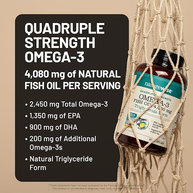 NatureWise Quadruple Strength Omega 3 Fish Oil 4080mg- Natural TG Form + Wild Caught - 2450mg Omega 3 + 1350mg EPA 900mg DHA - Burpless - Non-GMO &amp USA Manufactured - 120 Softgels[40 Day Supply]