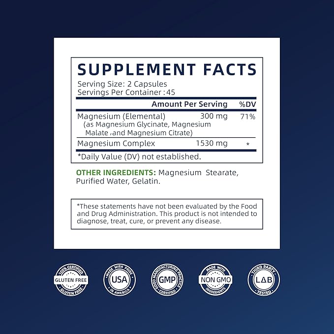 Triple Magnesium Complex - 300mg Magnesium from Malate Glycinate and Citrate - Supports Stress Relief &amp Sleep Nerves &amp Metabolism Muscle Relaxation &amp Bone Health - 180 Capsules(2 Bottl