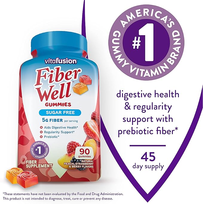 Vitafusion Fiber Well Sugar Free Fiber Supplement &amp Vitamin D3 Gummy Vitamins for Bone and Immune System Support Peach BlackBerry and Strawberry Flavored 50 mcg Vitamin D 75 Day Supply 150 Co