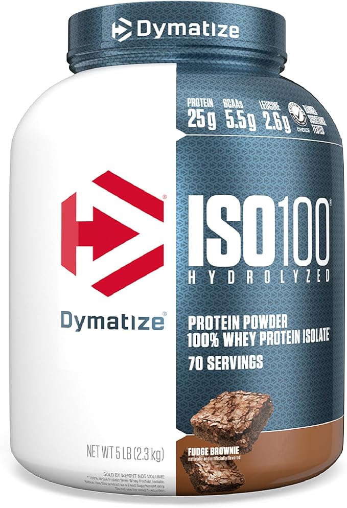 Dymatize ISO100 Whey Protein Powder Isolate Fudge Brownie 25g of Protein 5 Pound 5.5g BCAAs Less Than 120 Cal. Gluten Free 1g Fat 1g Sugar 2g Carb (70 Servings)