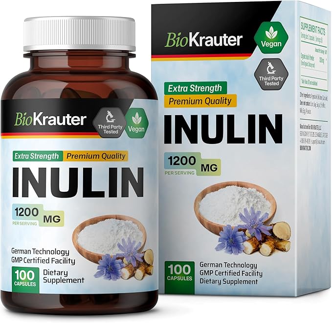 BIO KRAUTER® Inulin Powder from Chicory Root in Capsules 1200 mg per Serving 100 Count - Vegan &amp Pure Inulin Prebiotic Fiber for Gut &amp Digestive Support - No Fillers Non-GMO - 16 Days of Supp