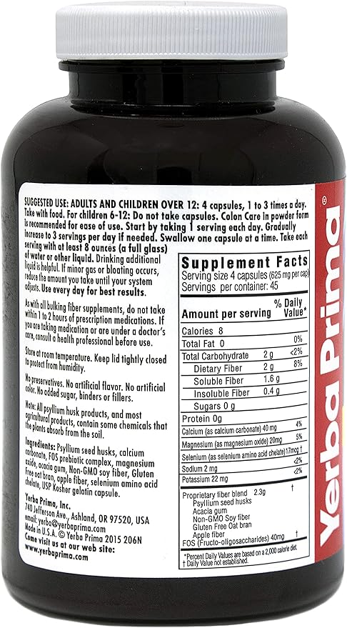 Yerba Prima Prebiotic Colon Care Capsules - 180 Count (Pack of 2) Gluten Free Proudly Made in The USA Non-GMO Soluble &amp Insoluble Fiber Supports A Healthy Functioning Colon