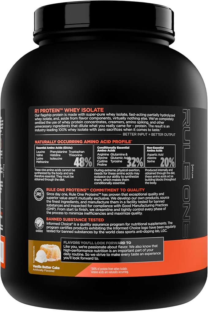 Rule 1 R1 Protein Whey Isolate - with 25g Protein &amp 6g BCAA Exclusively from Isolated &amp Hydrolyzed Sources for Workout Recovery (5 Pounds* Vanilla Butter Cake)