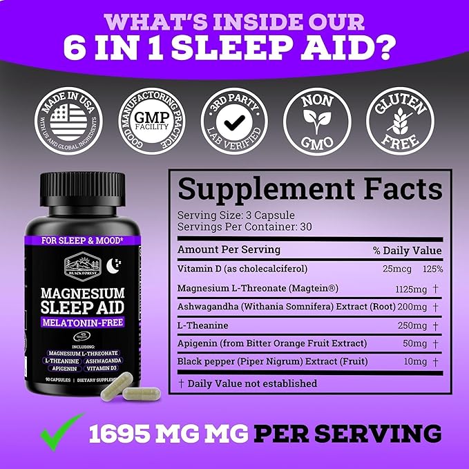 Black Forest Ashwagandha Magnesium Sleep Aid (6-in-1) - Magtein Magnesium L-Threonate L-Theanine Apigenin Supplement for Sleep 3 Enhanced with (Ashwagandha L theanine &amp Vitamin D)