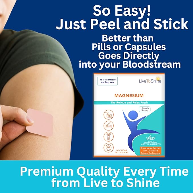 Magnesium Patches for Men and Women - Sleep Support &amp Relaxation Muscle Recovery Nerve Function - USA Made - 30 Premium Fast-Acting Slow-Release Patches - Live To Shine