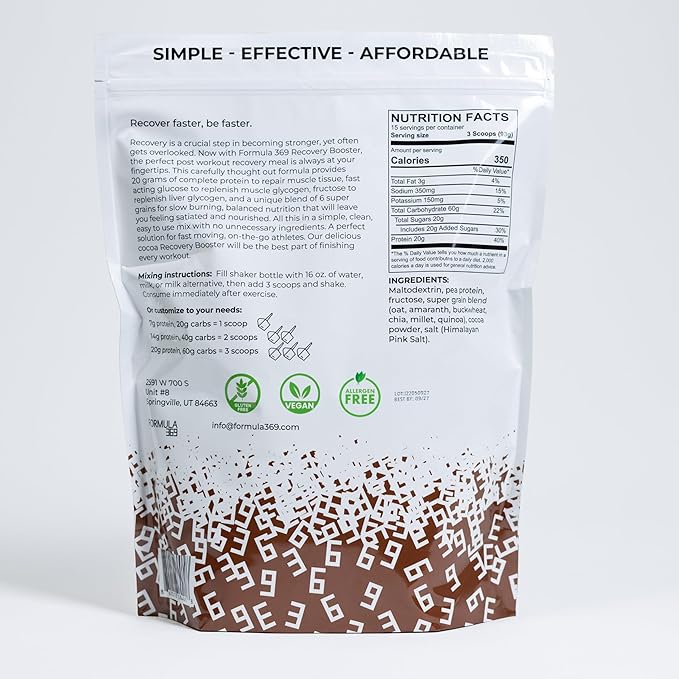 Recovery Booster – Vegan High Protein Recovery Mix – Post-Exercise Shake with 20g Protein &amp 60g Carbs – 3:1 Carb-to-Protein Ratio – 3 lb – Gluten &amp Allergen Free – Cocoa Flavor