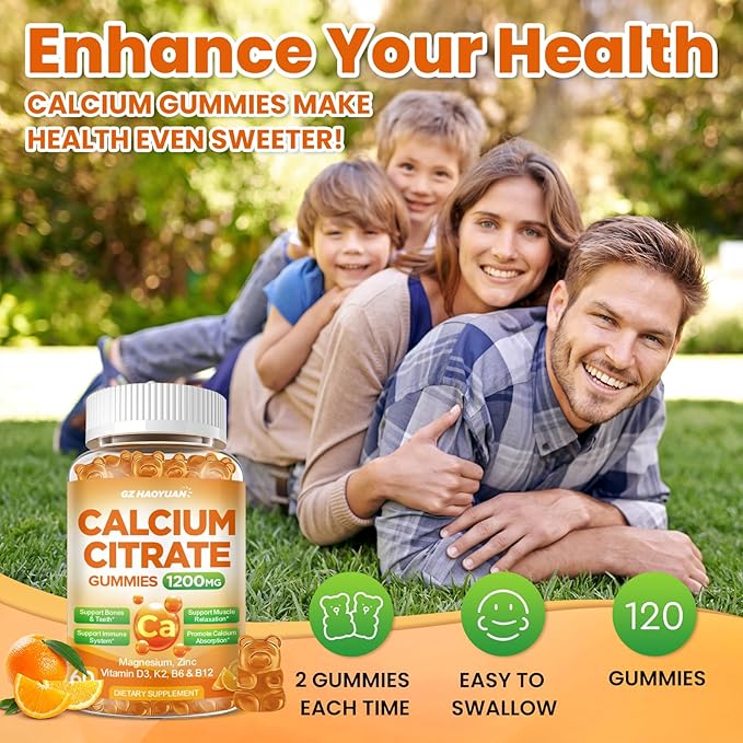 Calcium Citrate Gummies - 1200mg Calcium Gummies Supplements for Women &amp Men with Vitamin D3 K2 Magnesium Zinc High Absorption for Bone Muscle &amp Immune Support Orange Flavor 120 Count