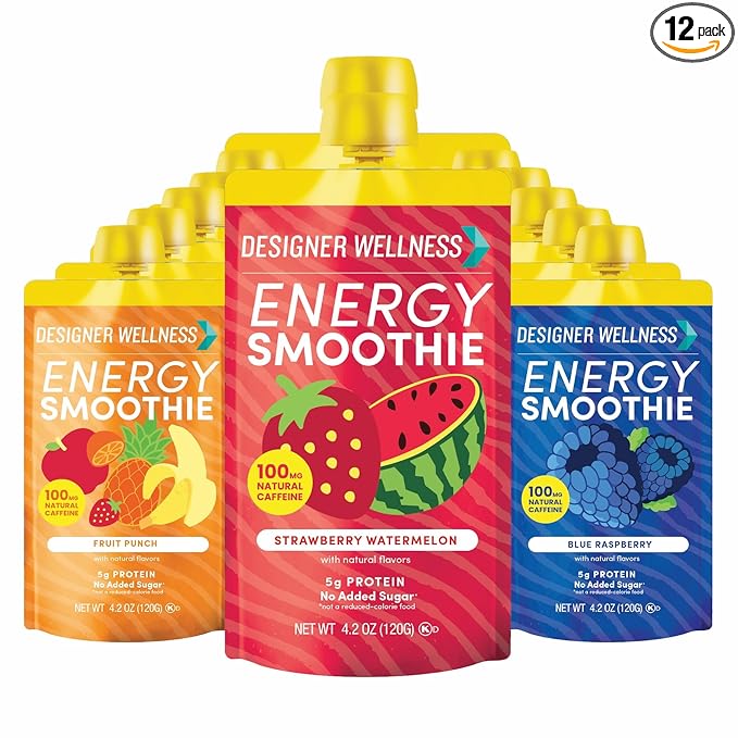 Designer Wellness Energy Smoothie Real Fruit 100mg Natural Caffeine 5g Protein Low Carb Zero Added Sugar Gluten-Free Variety Pack 12 Count