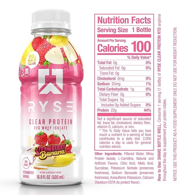 RYSE Clear Protein Drink - Strawberry Banana - 100 Calories 22g Whey Isolate Protein Shake Sugar-Free 0g Fat &amp Lactose-Free - Refreshing Ready-to-Drink Beverage - 16.9 fl oz Bottles (12-Pack)