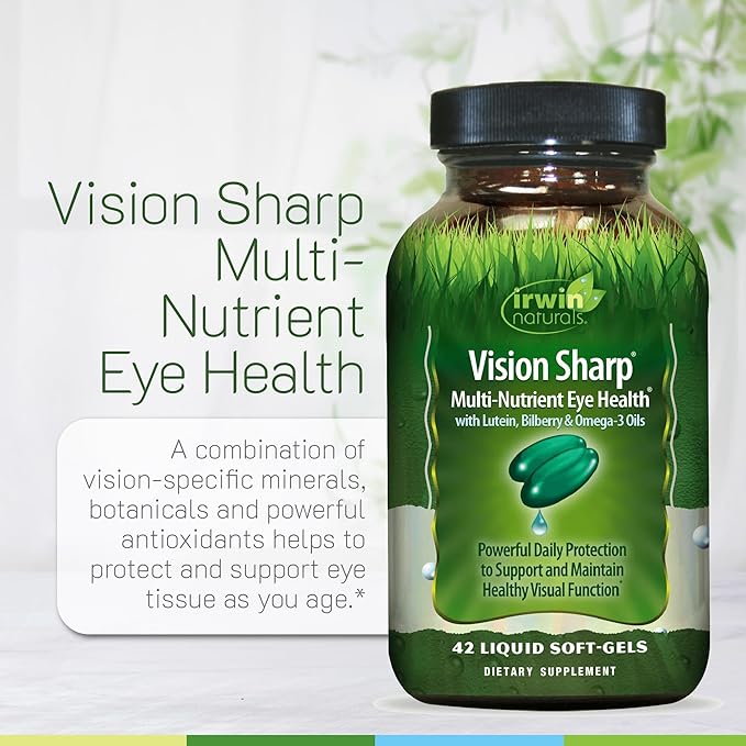 Irwin Naturals Vision Sharp Multi-Nutrient Eye Health - 42 Liquid Soft-Gels Pack of 2 - with Lutein Bilberry &amp Omega-3s - 42 Total Servings
