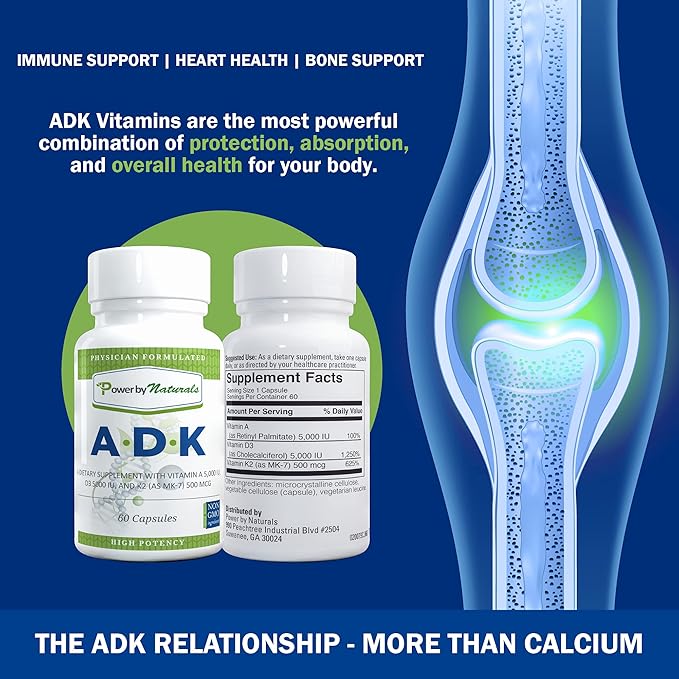 Power By Naturals ADK Vitamin Supplement – High Potency Blend of Vitamin A D3 5000 IU &amp K2 MK7 for Bone Health – Vitamin A D K Supplement – 60 Capsules (2 Month Supply)