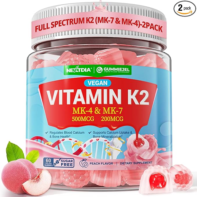 Vitamin K2 Gummies MK-7 200 mcg &amp MK-4 500 mcg for Women &amp Men Sugar Free Perfect 2-IN-1 Full Spectrum Vitamin K2 Supplement for Bone Promotes Calcium Absorption Brain Teeth Immune Pack