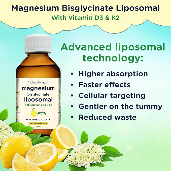 Magnesium Liposomal | with Vitamins D3 &amp K2 | Magnesium Bisglycinate | for Children &amp Adults | Highly Absorbable Liquid Supplement | Lemon &amp Elderflower Flavour | 30-Day Supply | 5 fl oz