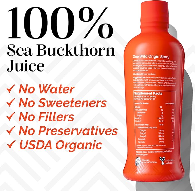 sibu Omega-7 Pure 100% Pure Sea Buckthorn Juice (32 oz) USDA Organic