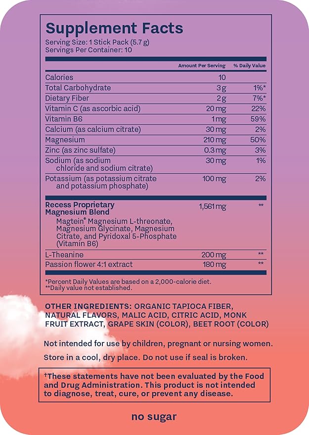 Recess Mood Powder Calming Magnesium L-Threonate Blend with Passion Flower L-Theanine Electrolytes Magnesium Calm Support Supplement - Gradient Berry Pack of 10