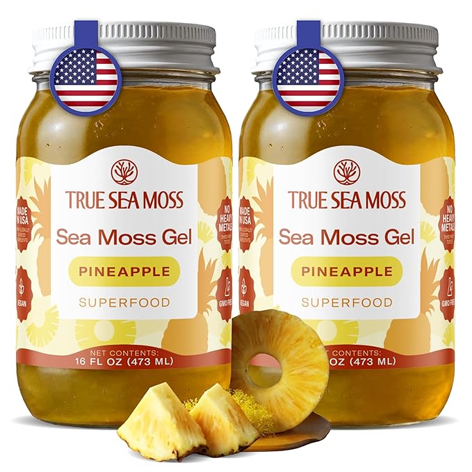 TrueSeaMoss Sea Moss Gel – Made in USA – Wildcrafted Seamoss Fruits &amp Jarred Vegetables – Pineapple Pack of 2 (Labels may Vary)