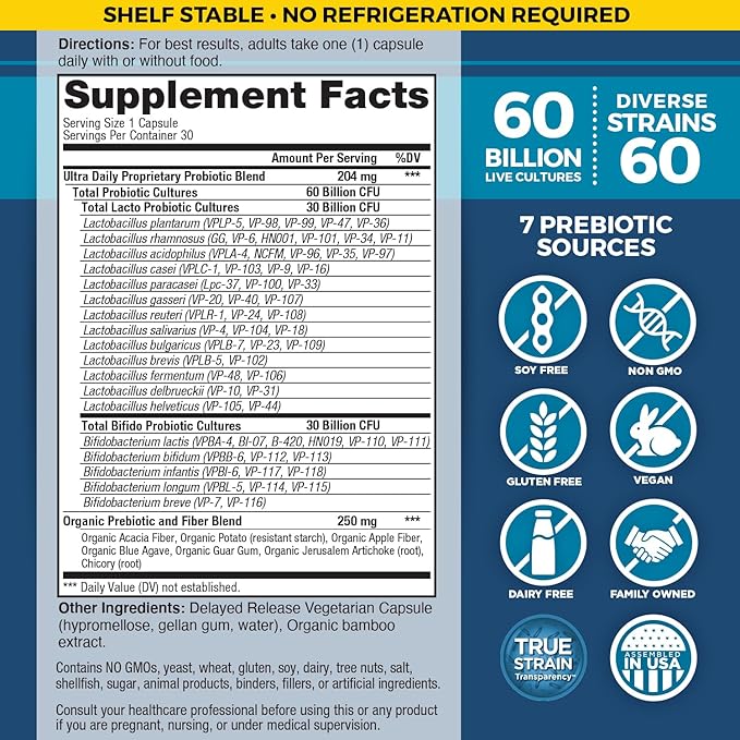 Vital Planet - Vital Flora Ultra Daily Probiotic 60 Billion CFU 60 Diverse Strains 7 Organic Prebiotics Immune Support Digestive Health Shelf Stable Probiotics for Women and Men 30 Capsules