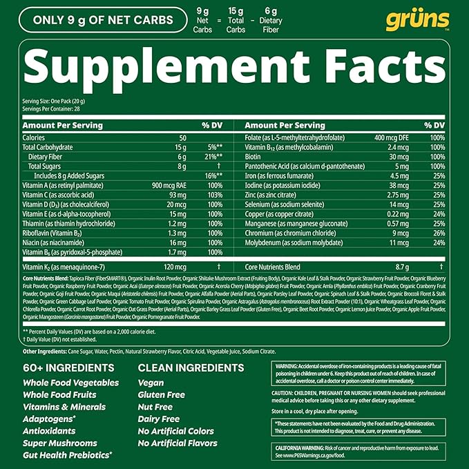 Gruns Adult Super Greens Multivitamin Gummies Superfood Gummy Vitamins for Women and Men with Spirulina Chlorella Adaptogens &amp Prebiotic Fiber for Digestive Health (28 Count) (Pack of 2)