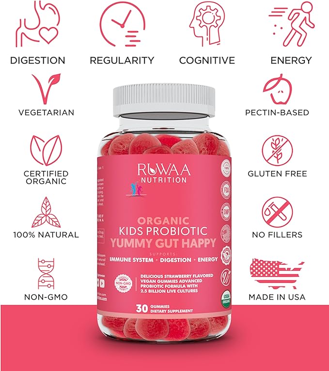 RUWAA NUTRITION Probiotic Gummies. Organic Kids Probiotic Chewable for Digestive Health &amp Immunity. Kids Pre &amp Probiotics Vitamins. No Allergens Gluten-Free Non-GMO Probiotic for Children 6