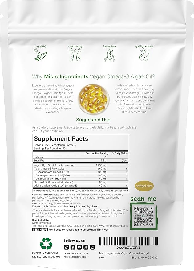Micro Ingredients Vitamin D3 5000iu + K2 100mcg Softgels &amp Vegan Omega 3 Algae Oil Supplement Bundle 2 Pack | Essential Sunshine Vitamins | Omega-3 Full Spectrum Alternative to Fish Oil