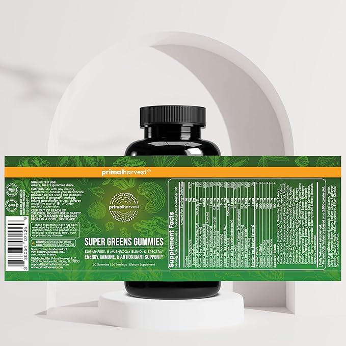 Primal Harvest Super Greens Gummies Superfood Blend with Adaptogenic Mushrooms Vitamins &amp Nutrient-Rich Minerals &amp Antioxidants for Energy &amp Immune Support (1 Pack (60 Count) Berry)