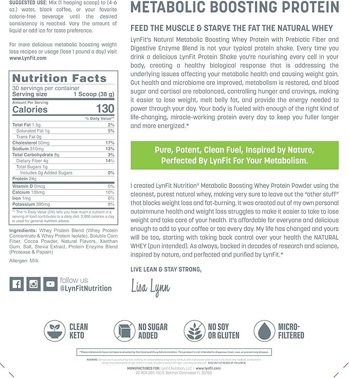 Metabolic Boosting Natural Whey Lactose &amp Sugar-Free Protein w/Prebiotic Fiber | Chocolate Bliss | 30 Servings