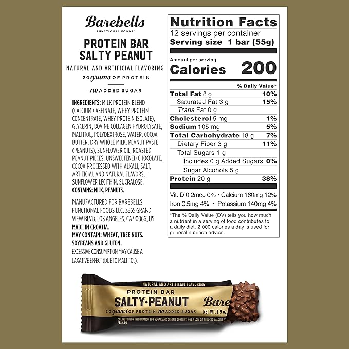 Barebells Protein Bars Salty Peanut - 12 Count 20g High Protein Treats - Chocolate Nutrition Bar with 1g Total Sugars - On-The-Go Breakfast or Post-Workout Snack