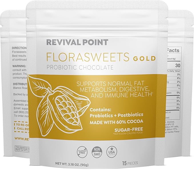 Florasweets Gold Chocolate Bites with Probiotic + Postbiotic Stains DE111 &amp BPL1 - Indivally Wrapped - Supports Digestive &amp Gut Health Bacillus subtilis (3)