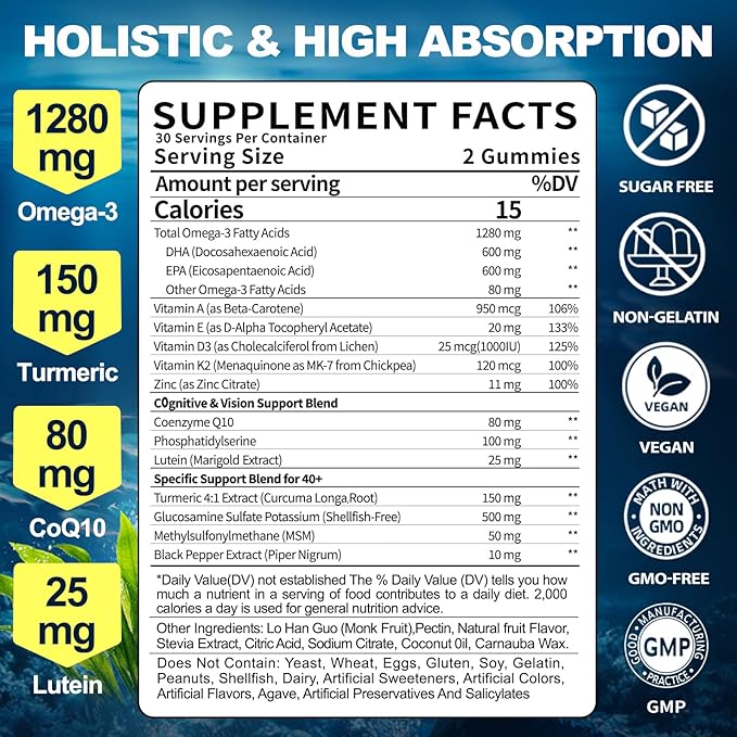 Omega-3 Gummies Supplement for Adults 40+: 1280mg Vegan Omega3 Fatty Acid DHA EPA with Vitamin D3 K2 Zinc Turmeric for Overall Health Support - Fish Oil Alternative for Women Men(120Count)