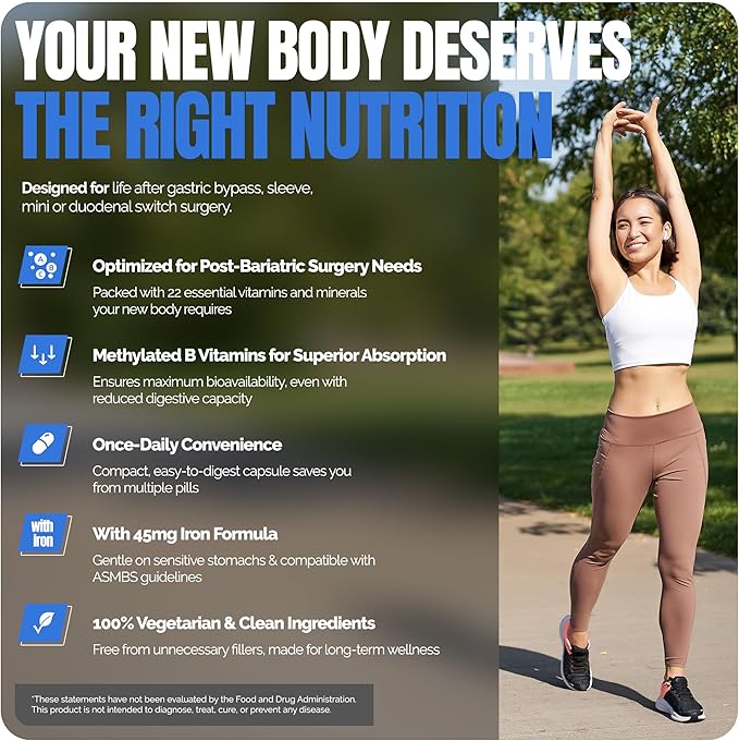 Shiny Leaf Methylated Bariatric Multivitamin with Iron 45mg – Once Daily Capsule Made in USA ASMBS Compliant Bariatric Vitamins for Gastric Bypass &amp Gastric Sleeve for Men &amp Women – (90 Cou