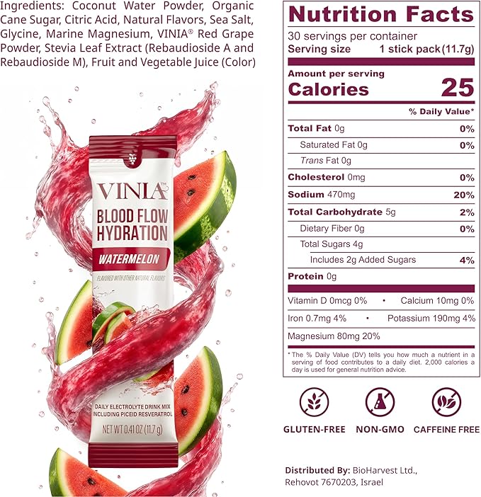 VINIA Piceid Resveratrol Capsules &amp Electrolyte Hydration Watermelon | Boost Blood Flow &amp Circulation | Red Grape Polyphenols &amp Electrolytes | Non-GMO 60 Caps + 30 Sticks